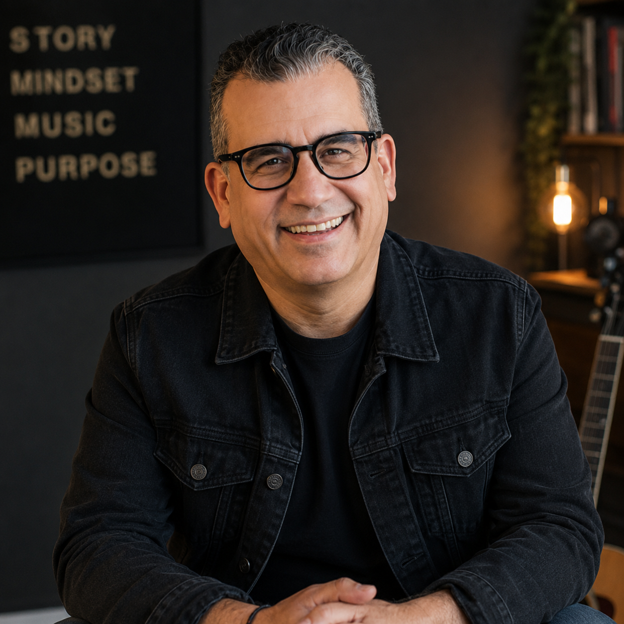 Jeff Vargas smiling in glasses and a black denim jacket, with a letter board reading Story, Mindset, Music, Purpose behind him