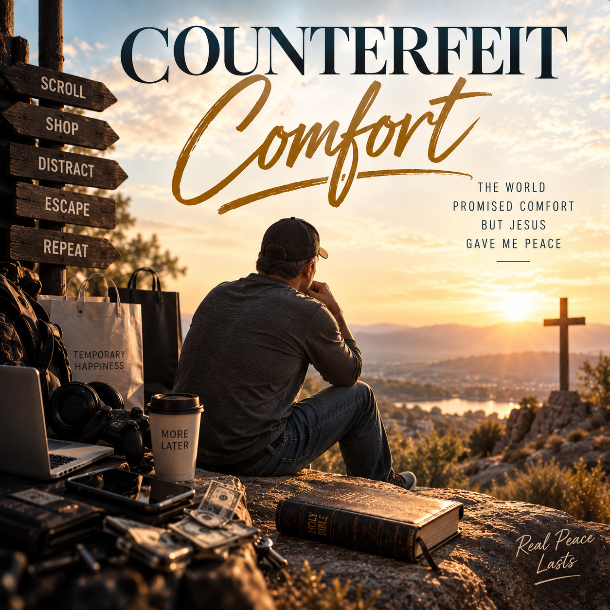 Album cover for Counterfeit Comfort by Jeff Vargas: a man sits at sunset beside signs reading Scroll, Shop, Distract, Escape and Repeat, with a cross and Bible in view