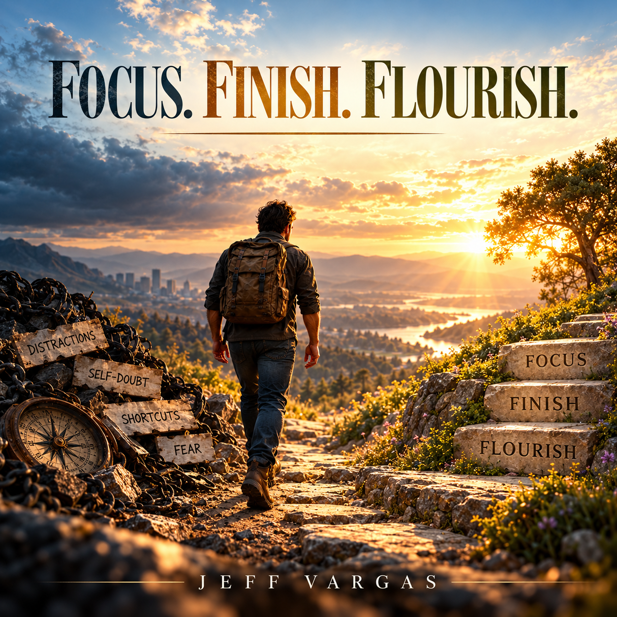 Album cover for Focus. Finish. Flourish. by Jeff Vargas: a backpacked person walks toward a sunlit mountain valley between signs for distractions and steps for focus, finish, and flourish