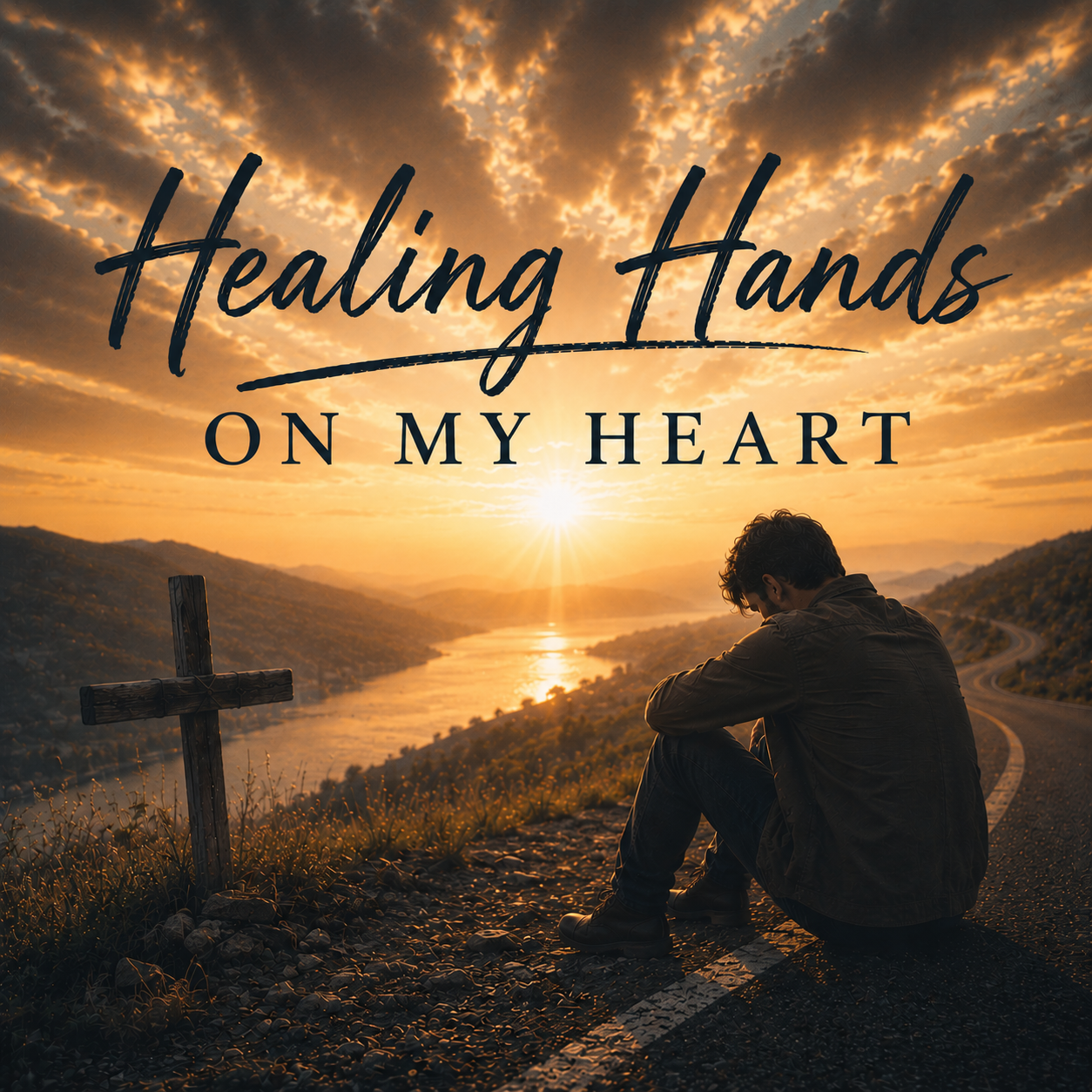 Album cover for Healing Hands on My Heart by Jeff Vargas: a grieving person sits beside a roadside cross at sunset overlooking a valley and lake