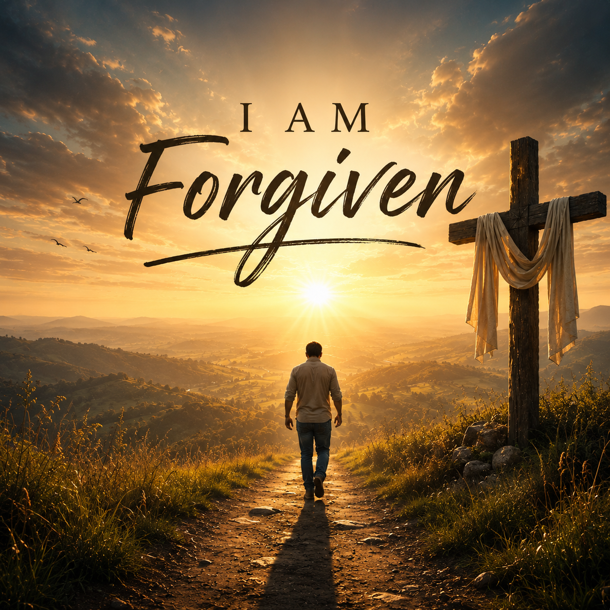 Album cover for I Am Forgiven by Jeff Vargas: a person walks toward a sunrise beside a cross draped with cloth