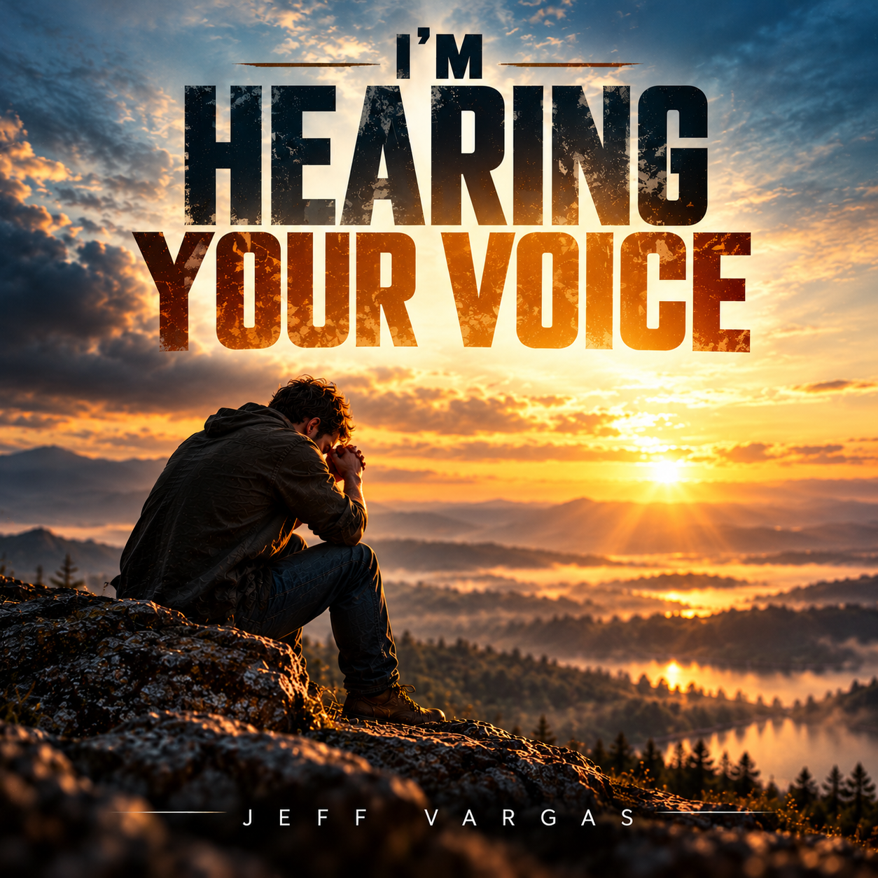 Album cover for I'm Hearing Your Voice by Jeff Vargas: a person prays on a mountain at sunrise over a lake and forested valley