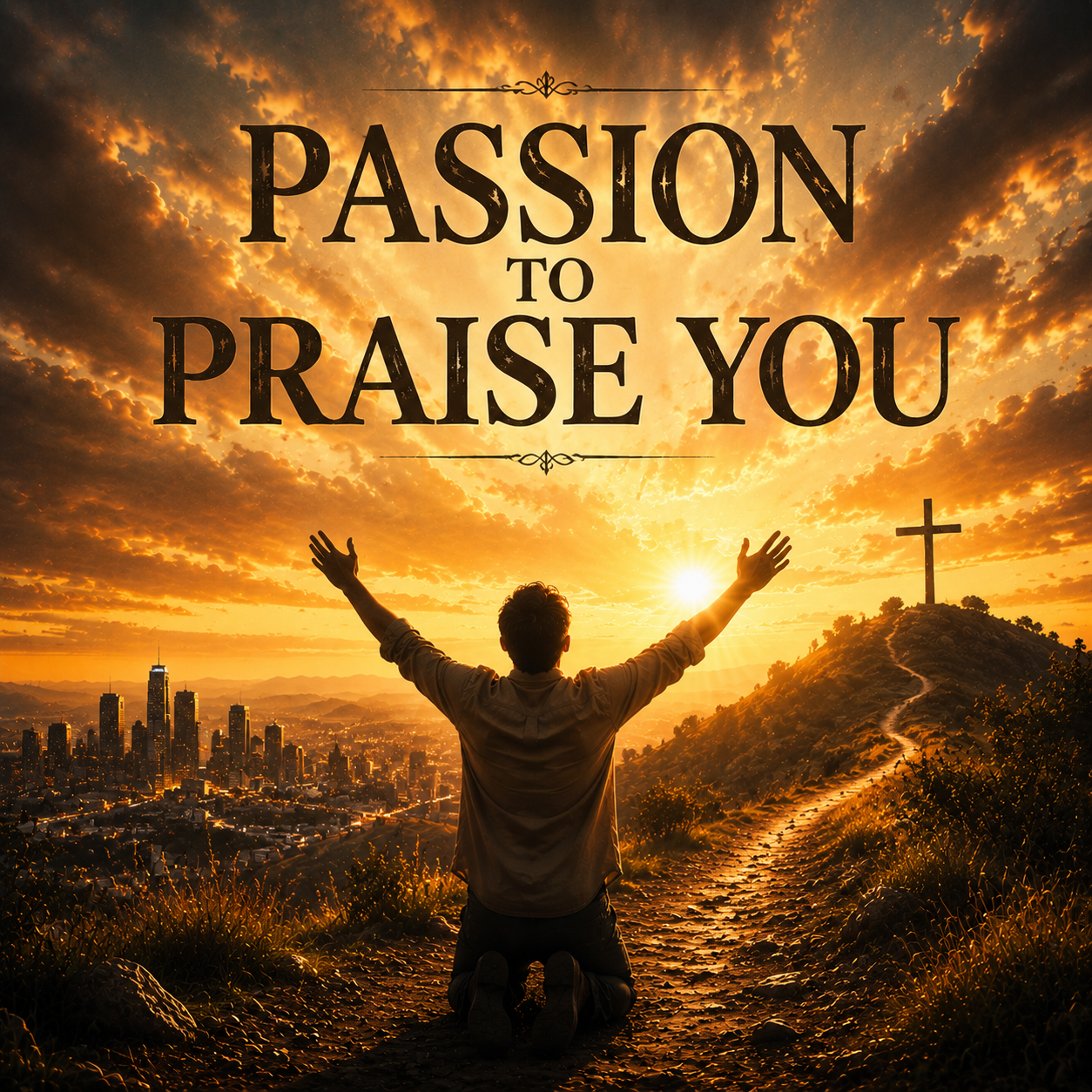 Album cover for Passion to Praise You by Jeff Vargas: a person kneels with arms raised toward a sunrise beside a cross overlooking a city