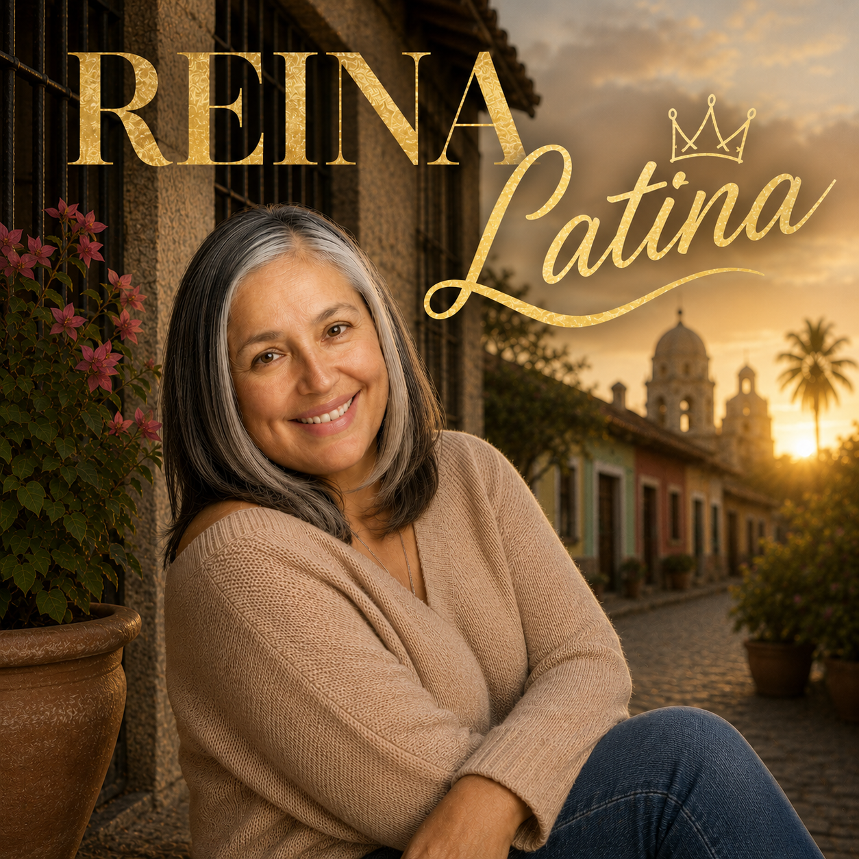 Album cover for Reina Latina by Jeff Vargas: a smiling Latina woman with silver hair sits in a warm colonial street at sunset beneath the title Reina Latina