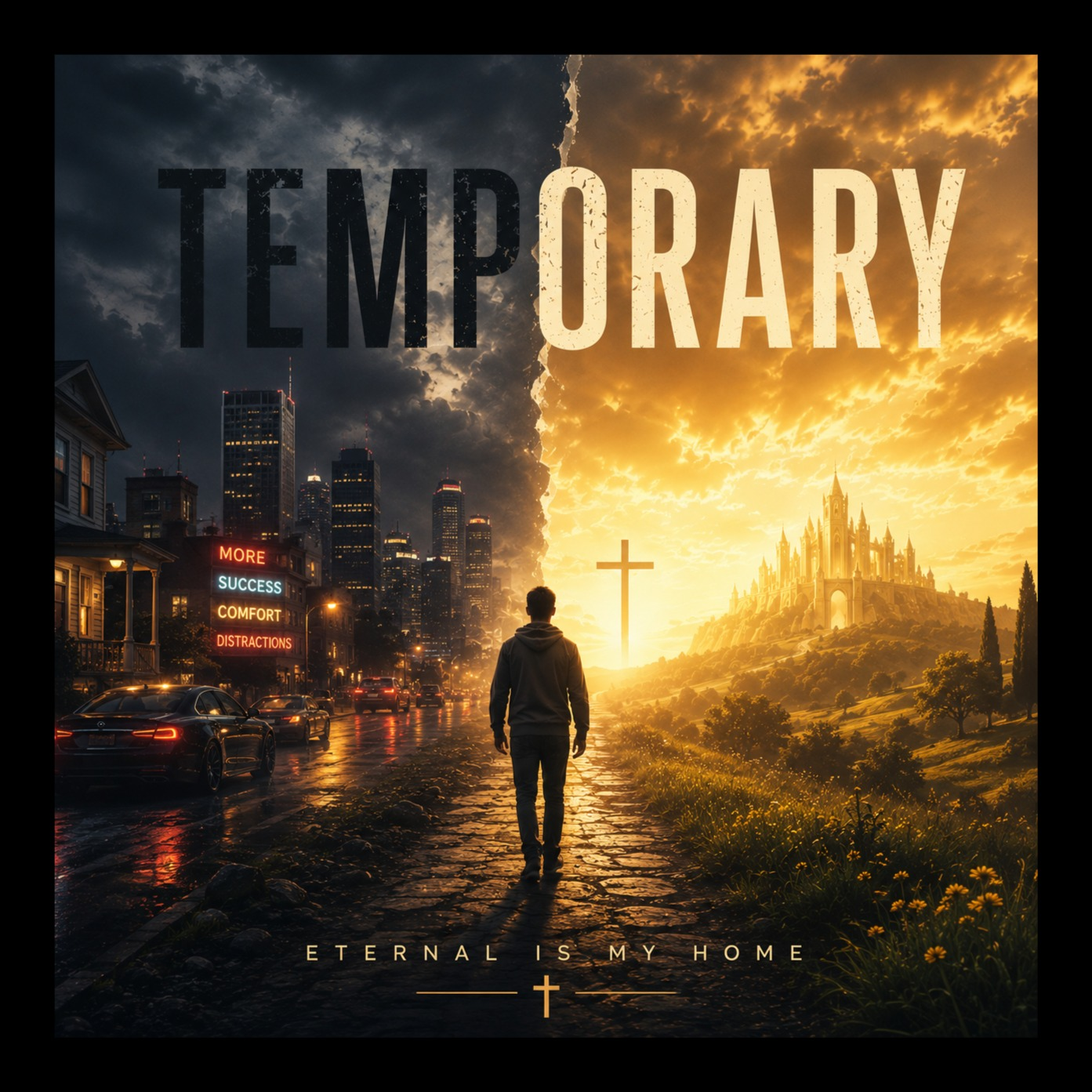 Album cover for Temporary by Jeff Vargas: a person walks between a dark city under storm clouds and a radiant golden landscape with a cross and heavenly castle